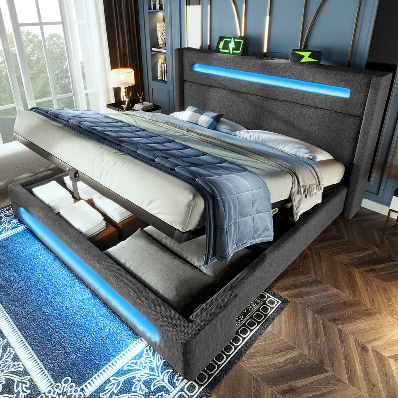 Lit offre queen tissu gris avec éclairage LED et deux prises 160*200cm (matelas non inclus) REDUCE