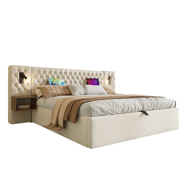 Ensemble lit coffre king capitonné velours beige avec 2 tables de chevet, lampe de lecture tête de lit avec fonction de chargement USB (sans matelas) Keco