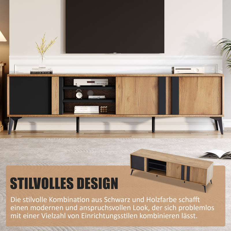 Meuble TV marron rustique effet bois et noir avec porte et compartiment ouvert ICAN