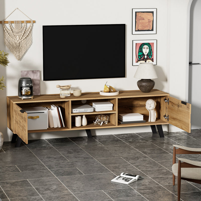 Meuble TV moderne effet bois avec 2 portes et 2 compartiments ouverts 160x35x45cm Dhaasti