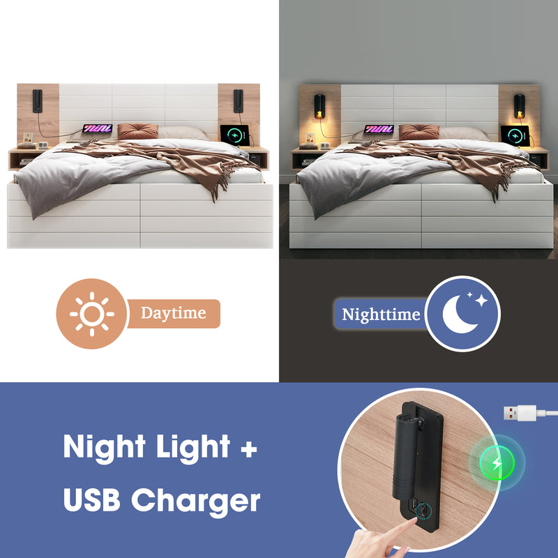 Lit double king effet bois avec 2 tiroirs lampe de lecture avec chargement USB chêne/blanc 180 x 200 cm (sans matelas) Biphraed