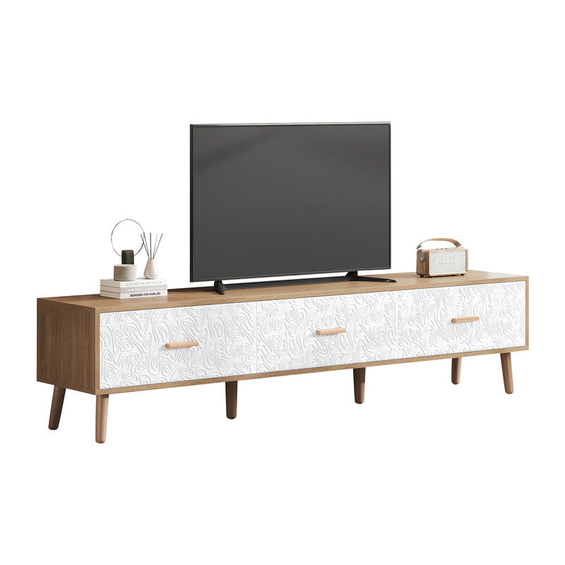 Meuble TV effet bois clair 3 tiroirs et porte blanc avec motif texturé 150x35x39cm ORKUDS