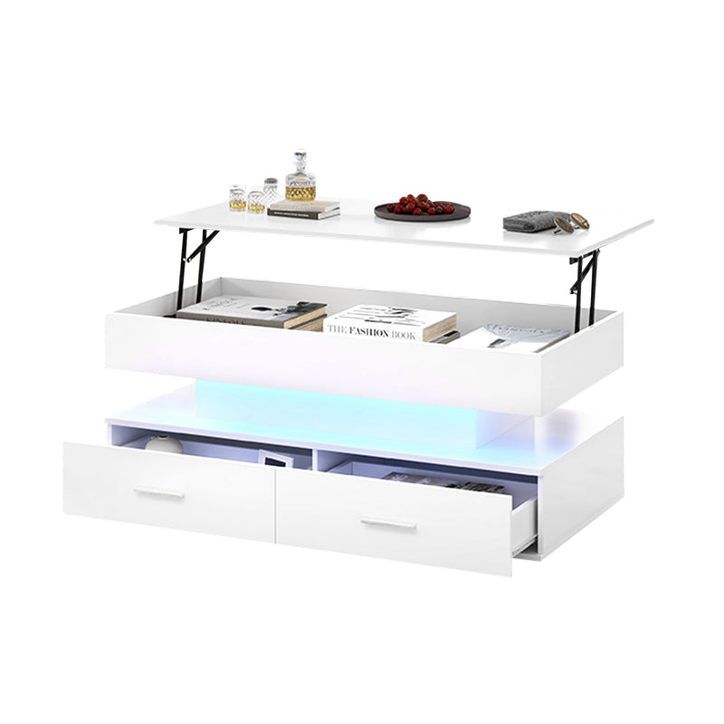 Table basse blanche plateau relevable à hauteur réglable 2 tiroirs et espace de rangement ouvert avec éclairage LED 100*50*44 cm ZAKS WHITE