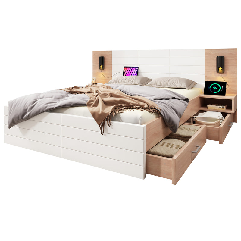 Lit double king effet bois avec 2 tiroirs lampe de lecture avec chargement USB chêne/blanc 180 x 200 cm (sans matelas) Biphraed