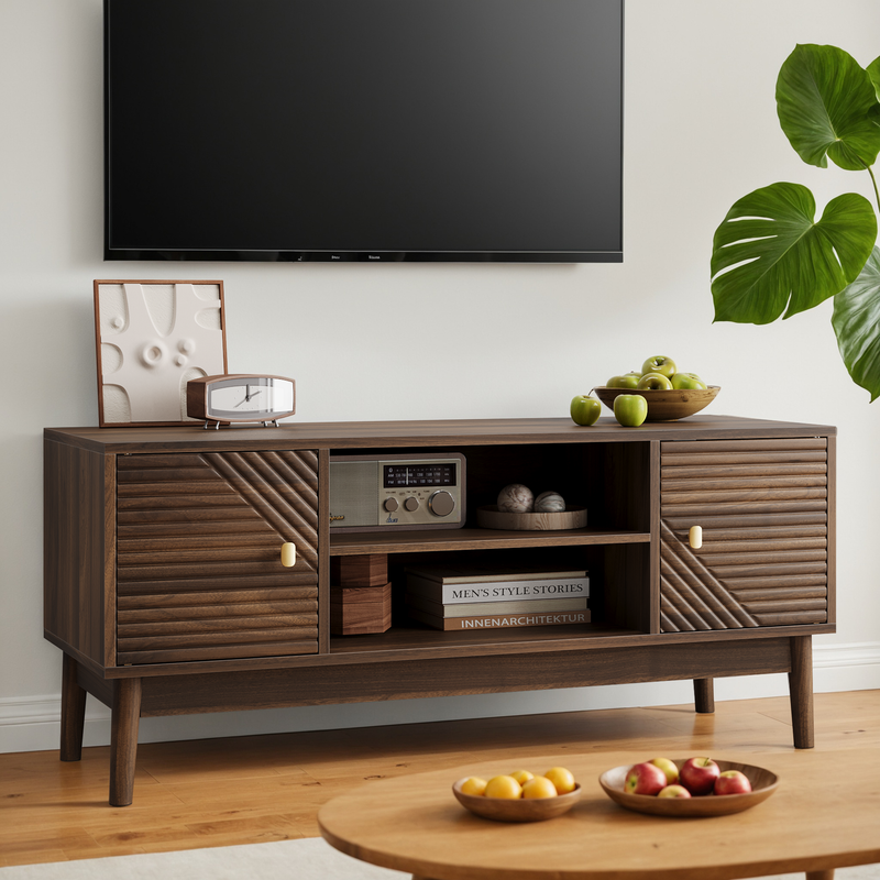 Meuble TV effet bois vintage 2 portes et 2 niches MUCILAGE