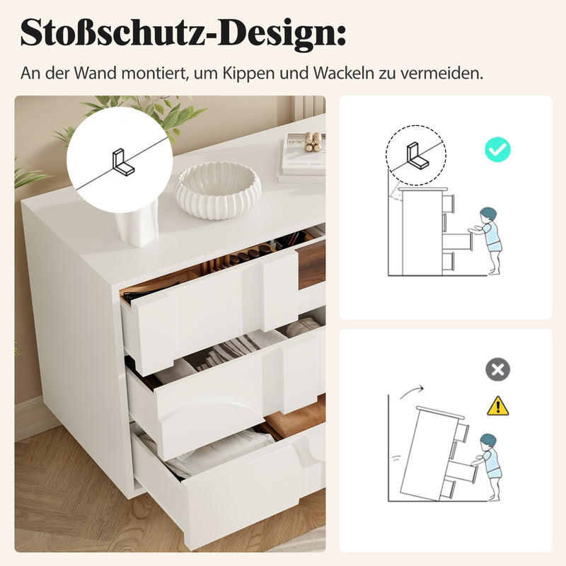 Buffet blanc effet bois façade géométrique en relief 6 tiroirs, porte push-to-pop UMPHU