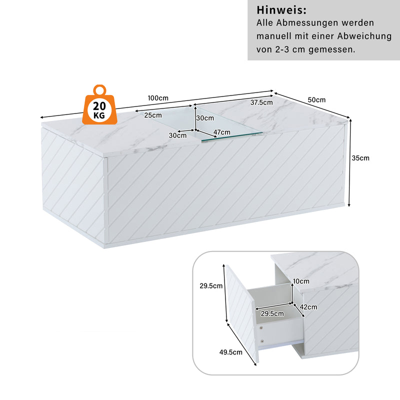 Table basse moderne blanche effet marbre, éclairage LED, élément en verre et 2 tiroirs Kregmots