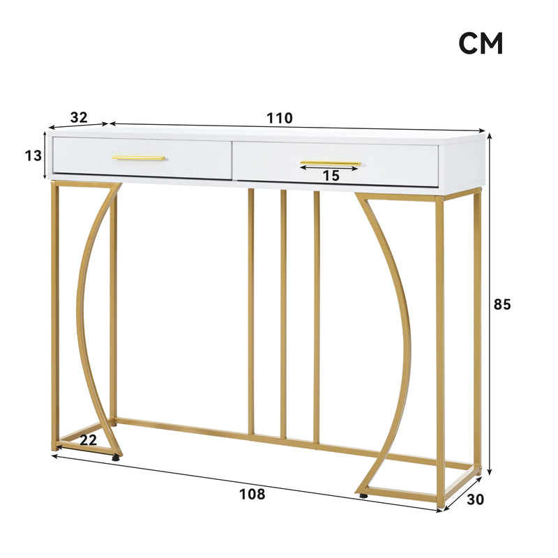 Table console blanche design et structure couleur dorée couloir avec 2 tiroirs 120x38x76cm ANNAN