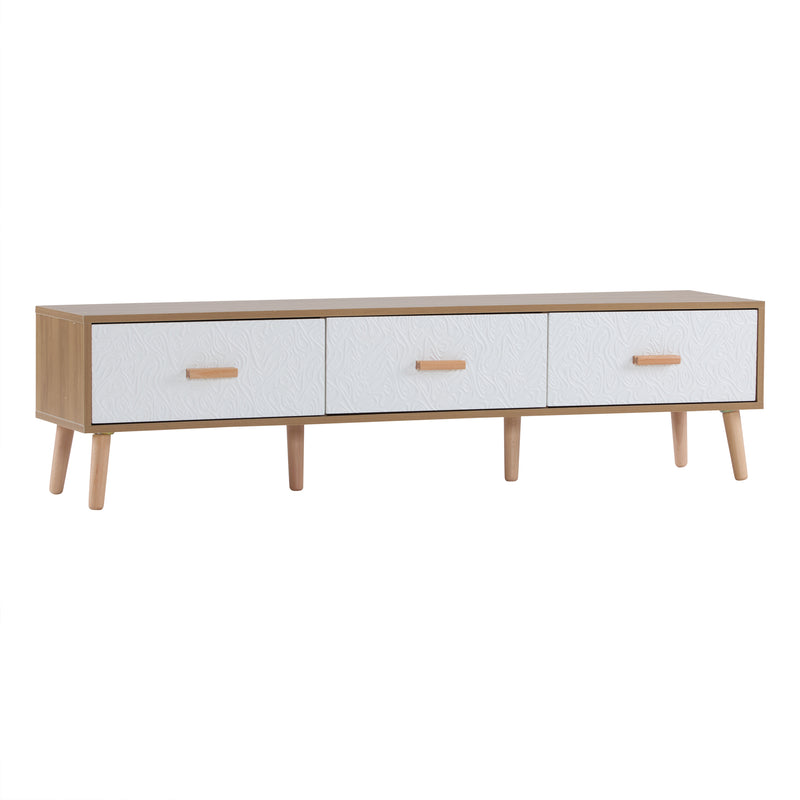 Meuble TV effet bois clair 3 tiroirs et porte blanc avec motif texturé 150x35x39cm ORKUDS