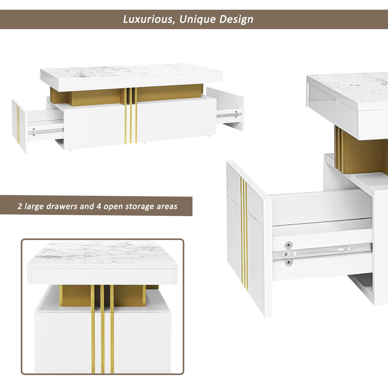 Table basse rectangulaire effet marbre blanche brillante avec 2 tiroirs 100*50*40 cm GEVREITS WHITE