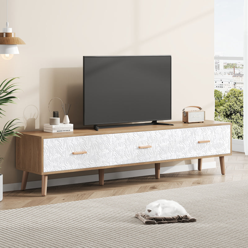 Meuble TV effet bois clair 3 tiroirs et porte blanc avec motif texturé 150x35x39cm ORKUDS