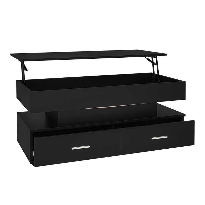 Table basse noir plateau relevable à hauteur réglable 2 tiroirs et espace de rangement ouvert avec éclairage LED 100*50*44 cm ZAKS BLACK