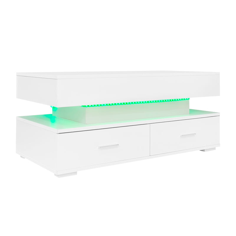 Table basse blanche plateau relevable à hauteur réglable 2 tiroirs et espace de rangement ouvert avec éclairage LED 100*50*44 cm ZAKS WHITE