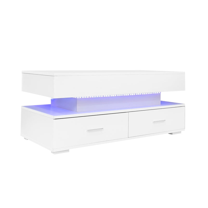 Table basse blanche plateau relevable à hauteur réglable 2 tiroirs et espace de rangement ouvert avec éclairage LED 100*50*44 cm ZAKS WHITE