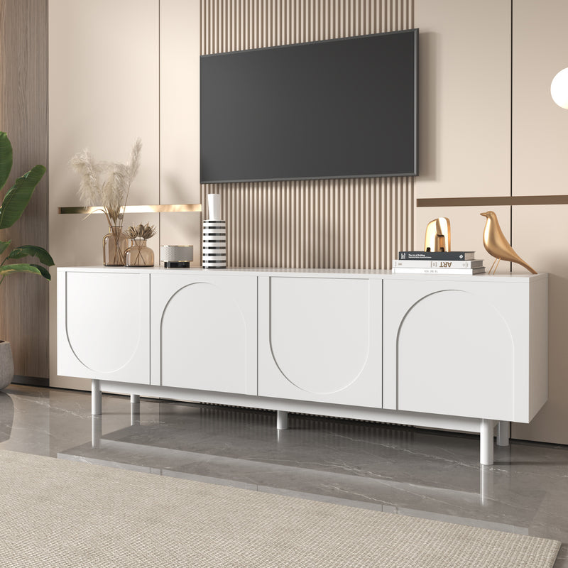 Meuble TV blanc style luxe portes texturées forme de U AEKRON