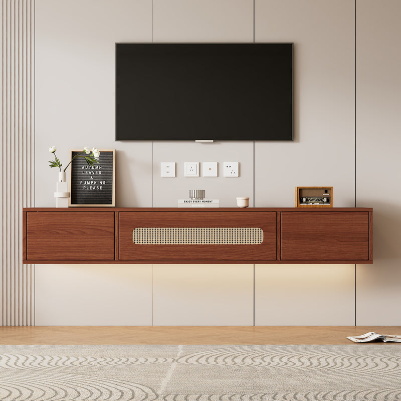 Meuble TV murale élégant noyer avec rotin 140*40*20 cm EKKAX