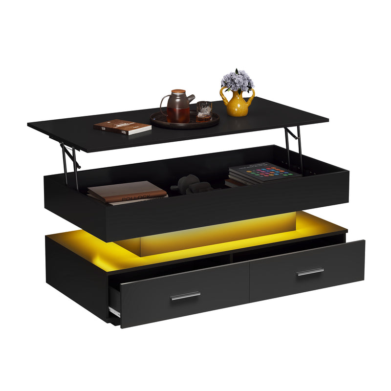 Table basse noir plateau relevable à hauteur réglable 2 tiroirs et espace de rangement ouvert avec éclairage LED 100*50*44 cm ZAKS BLACK