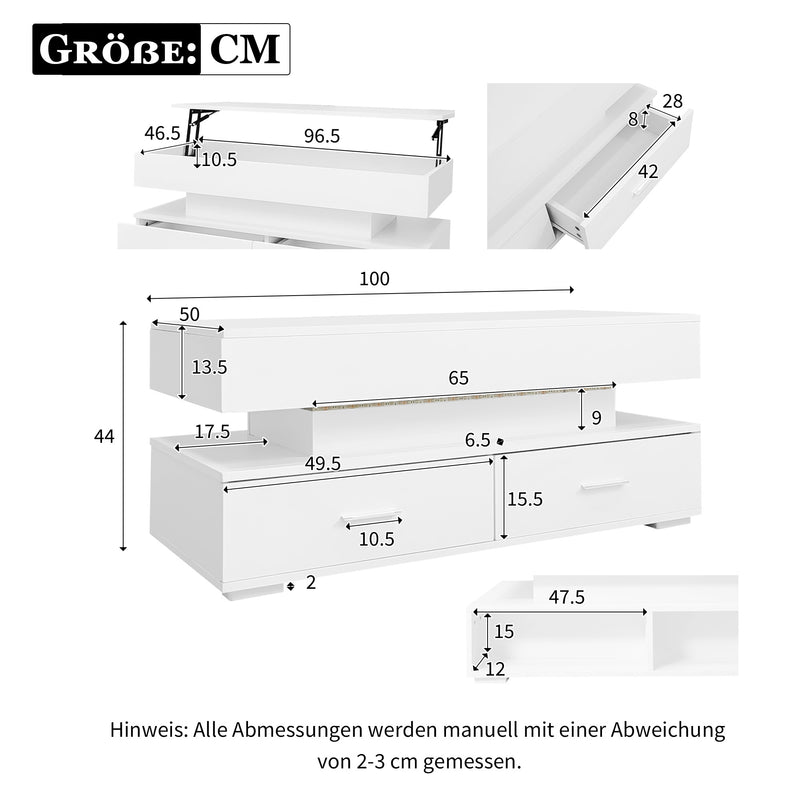 Table basse blanche plateau relevable à hauteur réglable 2 tiroirs et espace de rangement ouvert avec éclairage LED 100*50*44 cm ZAKS WHITE