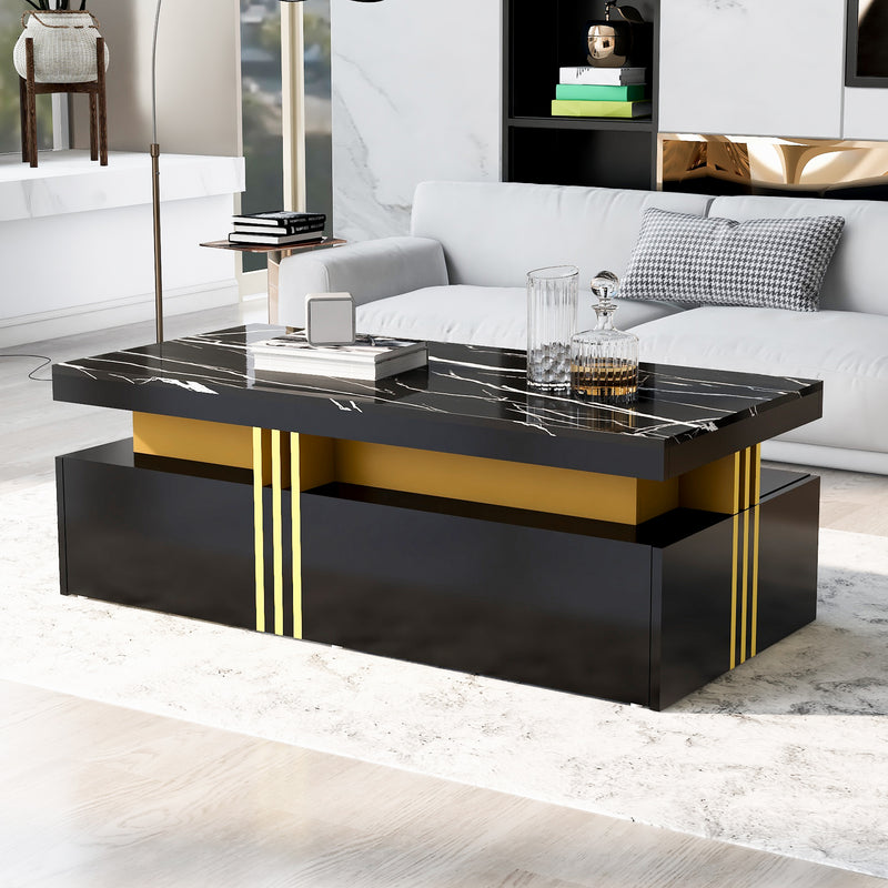 Table basse rectangulaire effet marbre noir brillant avec 2 tiroirs 100*50*40 cm GEVREITS BLACK