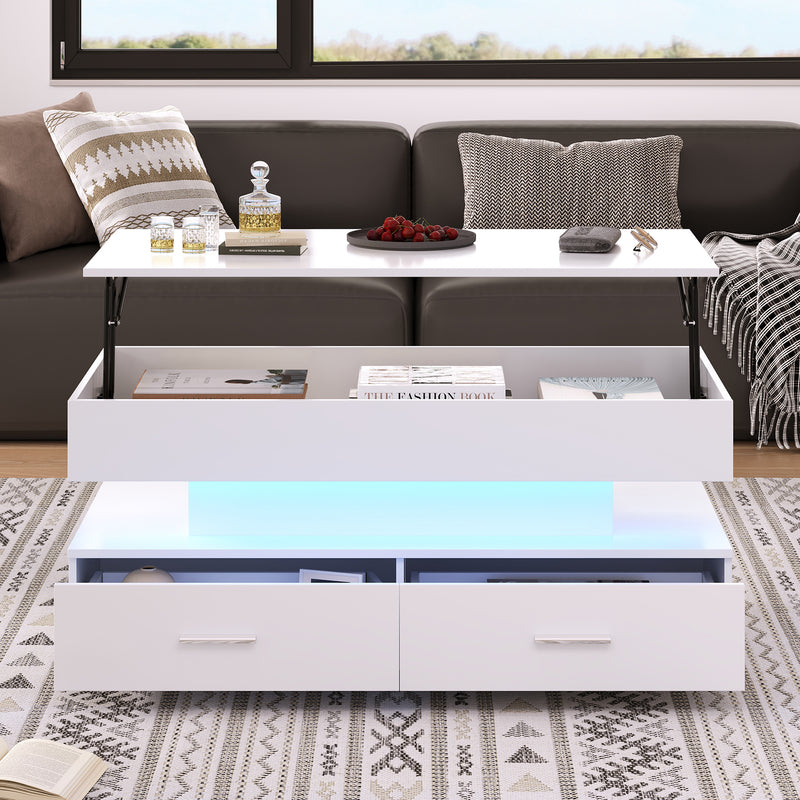 Table basse blanche plateau relevable à hauteur réglable 2 tiroirs et espace de rangement ouvert avec éclairage LED 100*50*44 cm ZAKS WHITE