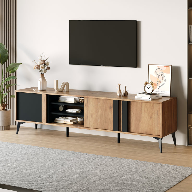 Meuble TV marron rustique effet bois et noir avec porte et compartiment ouvert ICAN