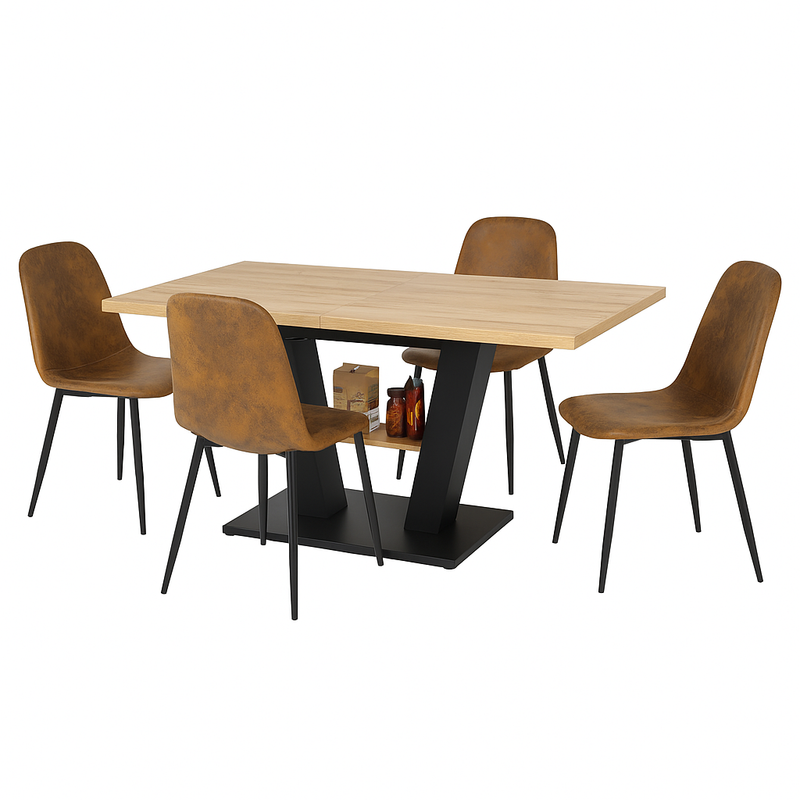 Ensemble table à manger extensible en effect bois clair (118-157) et 4 chaises vintage de style scandinave MURLID+CHARLTON SUEDE BROWN