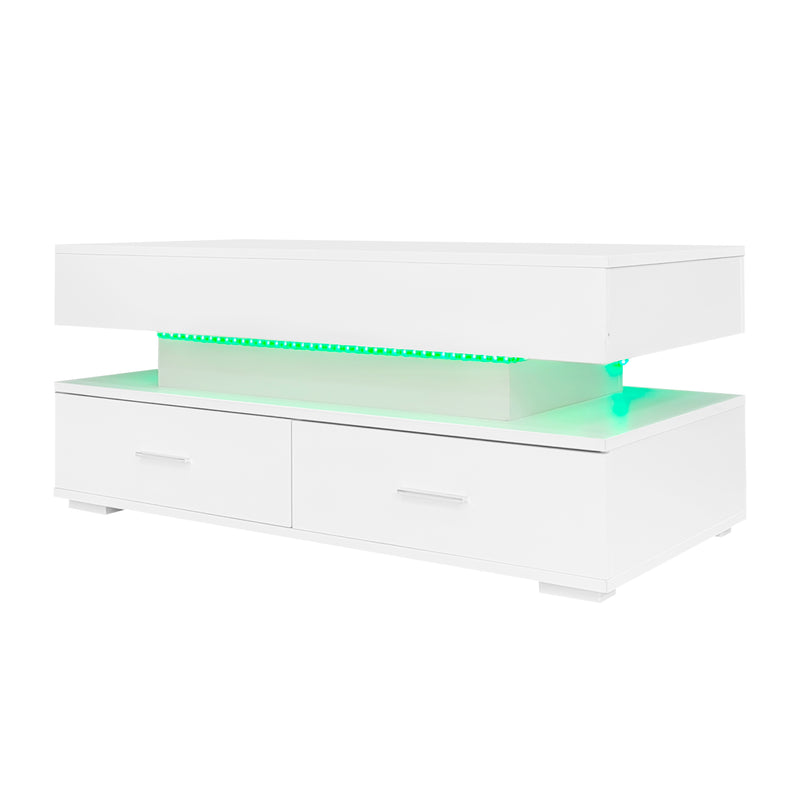 Table basse blanche plateau relevable à hauteur réglable 2 tiroirs et espace de rangement ouvert avec éclairage LED 100*50*44 cm ZAKS WHITE