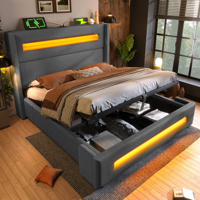 Lit offre queen tissu gris avec éclairage LED et deux prises 160*200cm (matelas non inclus) REDUCE