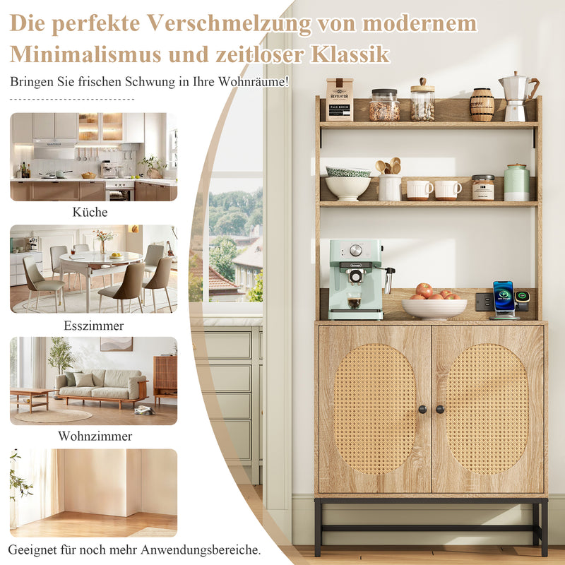 Buffet haute en MDF décor chêne naturel avec portes en rotin, prise USB intégrée PEAKFLOW