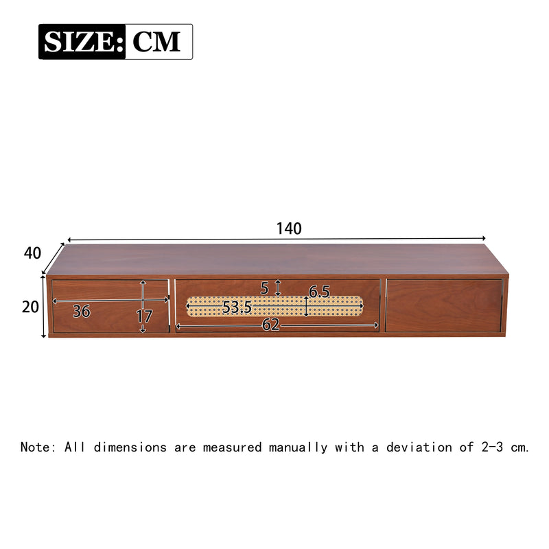 Meuble TV murale élégant noyer avec rotin 140*40*20 cm EKKAX