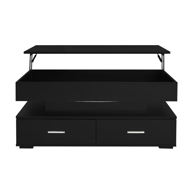 Table basse noir plateau relevable à hauteur réglable 2 tiroirs et espace de rangement ouvert avec éclairage LED 100*50*44 cm ZAKS BLACK