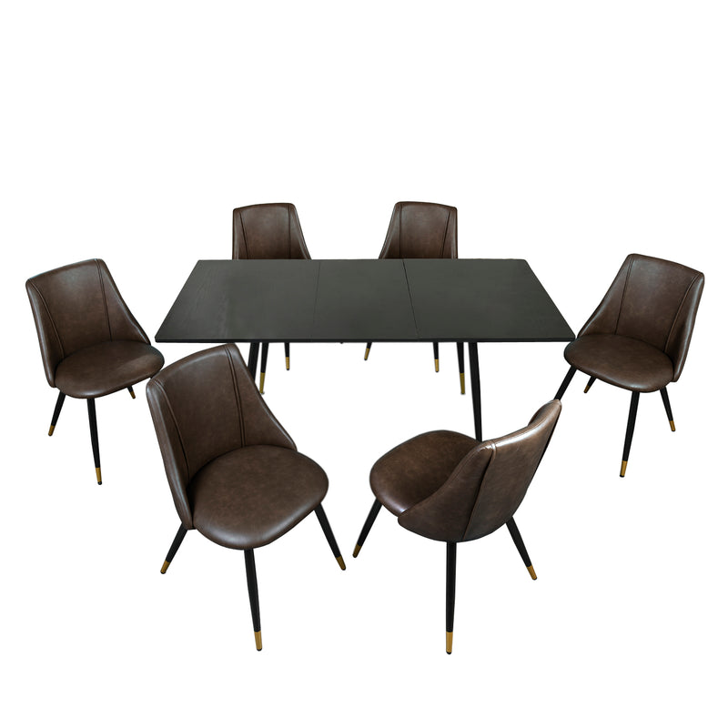 Ausziehbares Tischset 120-160 und 6 Retro-Stühle im skandinavischen Stil WHALEN STRETCH-TISCH AUS DUNKEM HOLZ BG+SMEG DUNKELBRAUN PU SCHWARZ GOLDBEIN*3