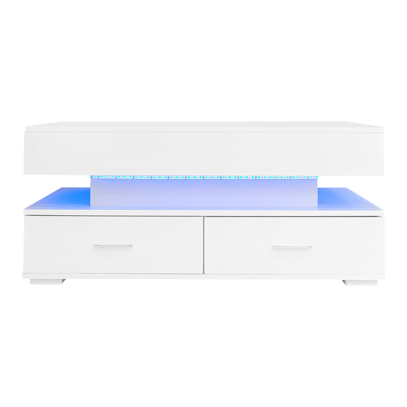 Table basse blanche plateau relevable à hauteur réglable 2 tiroirs et espace de rangement ouvert avec éclairage LED 100*50*44 cm ZAKS WHITE