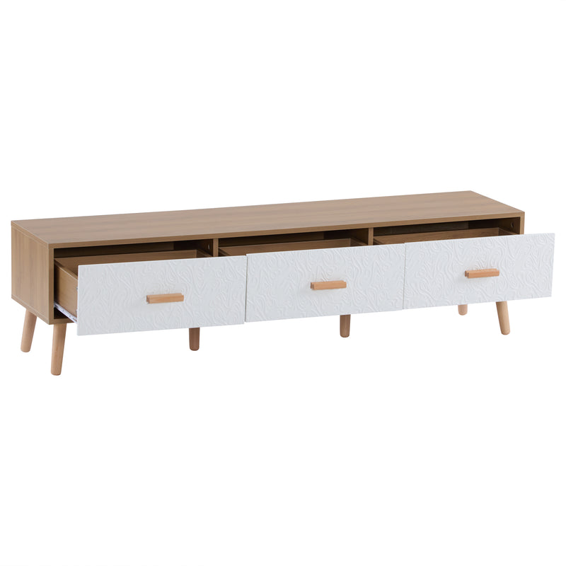 Meuble TV effet bois clair 3 tiroirs et porte blanc avec motif texturé 150x35x39cm ORKUDS