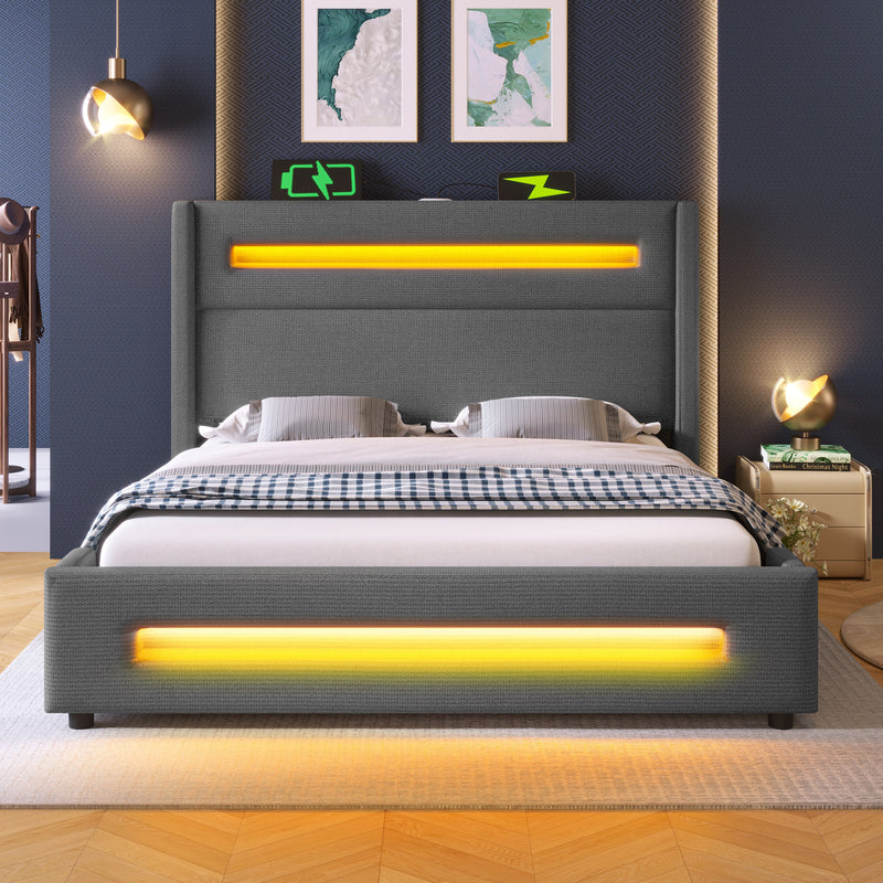 Lit offre queen tissu gris avec éclairage LED et deux prises 160*200cm (matelas non inclus) REDUCE