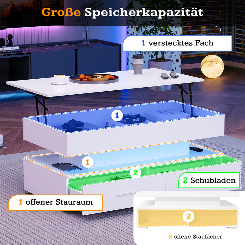 Table basse blanche plateau relevable à hauteur réglable 2 tiroirs et espace de rangement ouvert avec éclairage LED 100*50*44 cm ZAKS WHITE