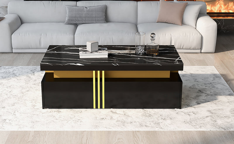 Table basse rectangulaire effet marbre noir brillant avec 2 tiroirs 100*50*40 cm GEVREITS BLACK