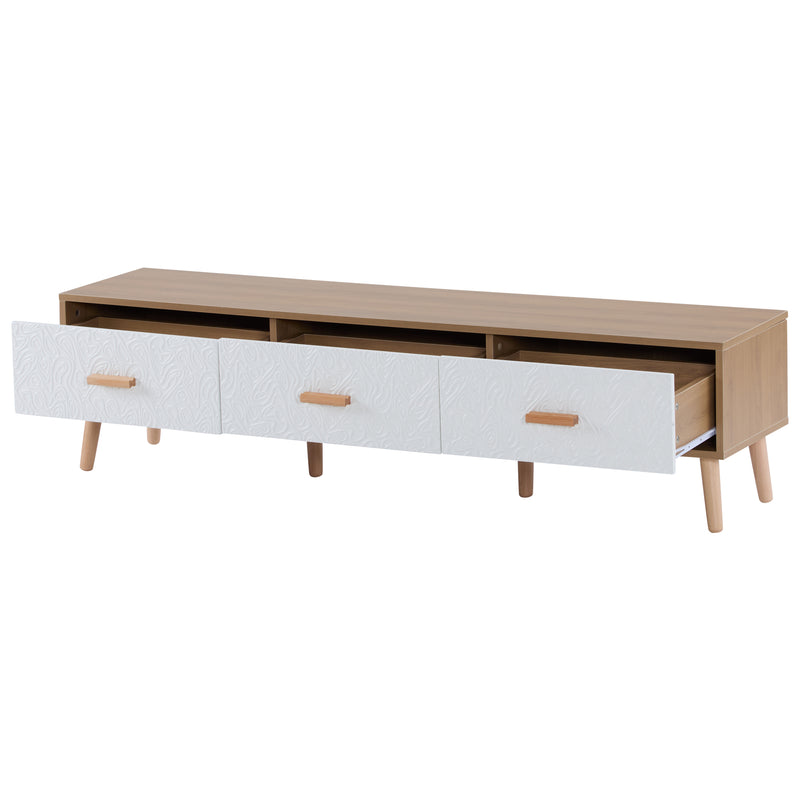 Meuble TV effet bois clair 3 tiroirs et porte blanc avec motif texturé 150x35x39cm ORKUDS