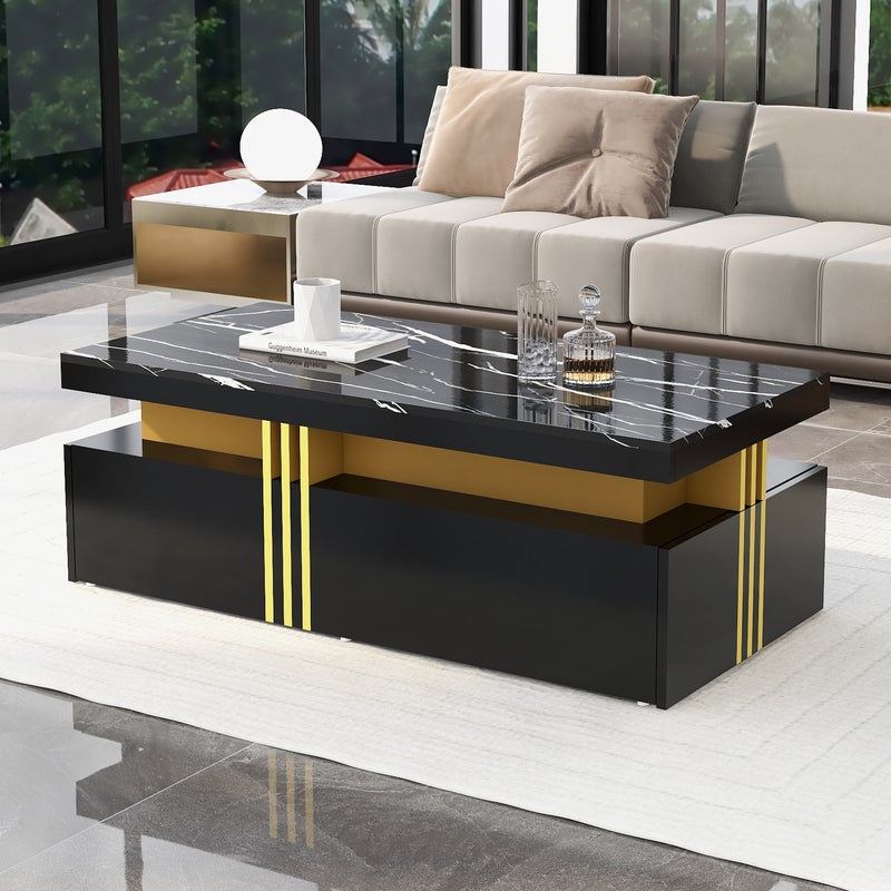 Table basse rectangulaire effet marbre noir brillant avec 2 tiroirs 100*50*40 cm GEVREITS BLACK