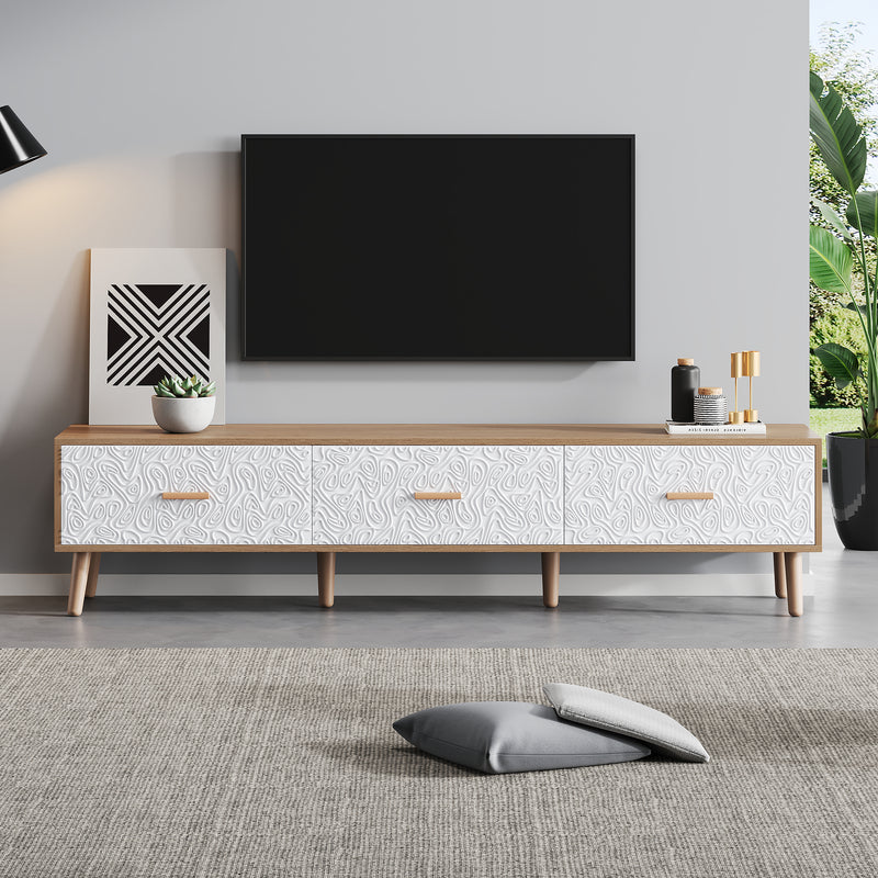 Meuble TV effet bois clair 3 tiroirs et porte blanc avec motif texturé 150x35x39cm ORKUDS