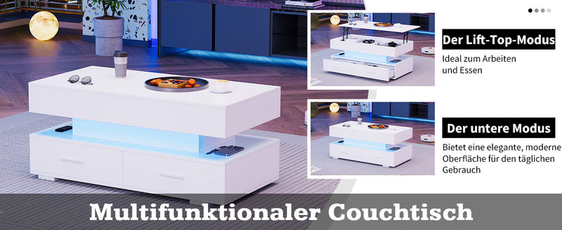 Table basse blanche plateau relevable à hauteur réglable 2 tiroirs et espace de rangement ouvert avec éclairage LED 100*50*44 cm ZAKS WHITE