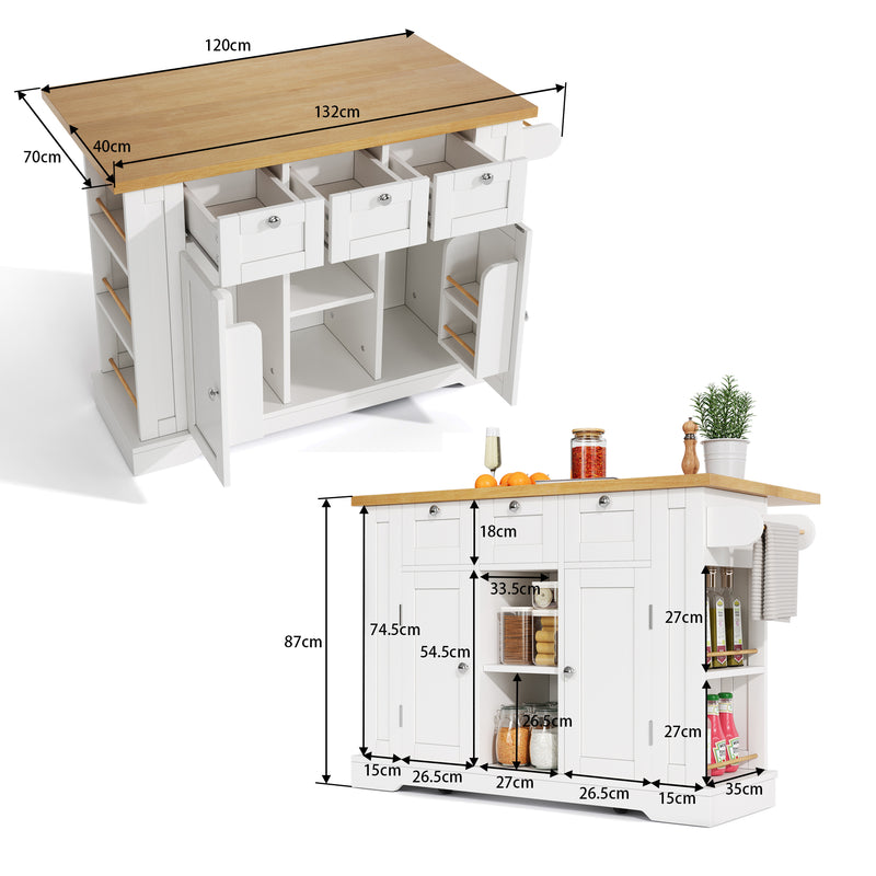 Îlot de cuisine blanc et effet bois avec plateau extensible, rangement et ports USB AMYLOPECT