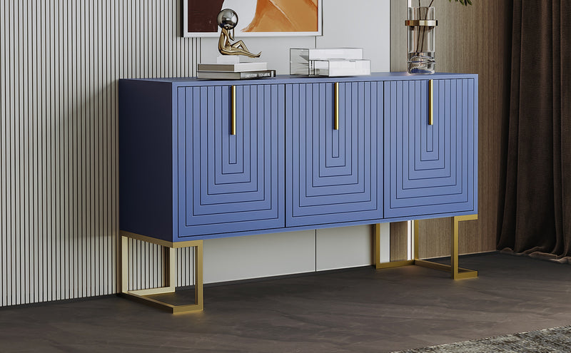 Commode buffet haut avec 3 portes bleu marine motif de forme U H81/B138/T40 CRUUGREN BLUE