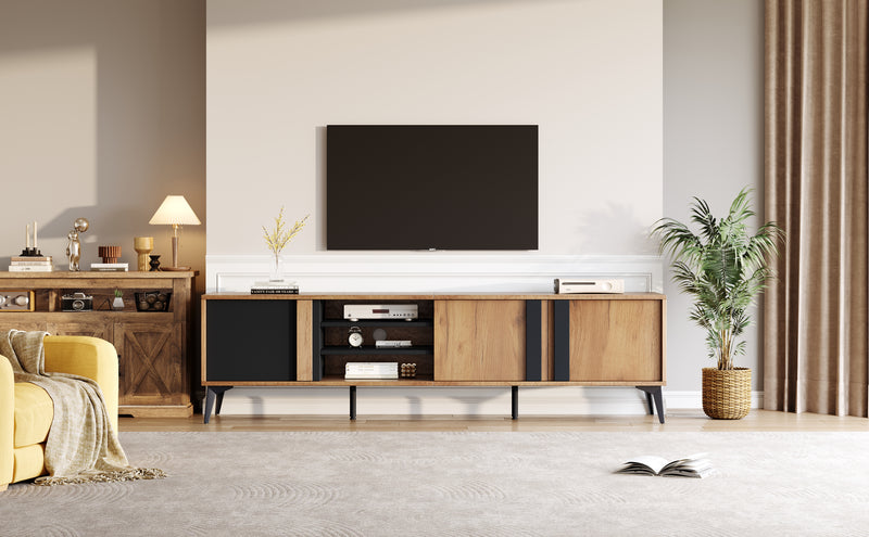 Meuble TV marron rustique effet bois et noir avec porte et compartiment ouvert ICAN