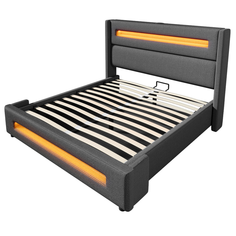 Lit offre queen tissu gris avec éclairage LED et deux prises 160*200cm (matelas non inclus) REDUCE