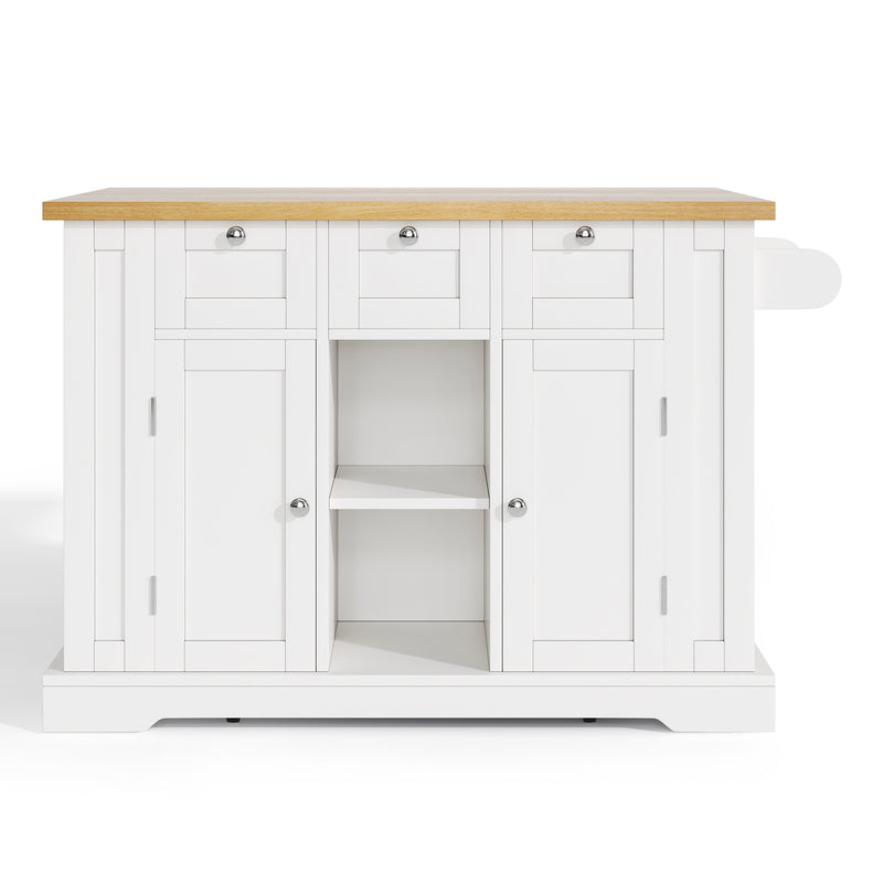 Îlot de cuisine blanc et effet bois avec plateau extensible, rangement et ports USB AMYLOPECT