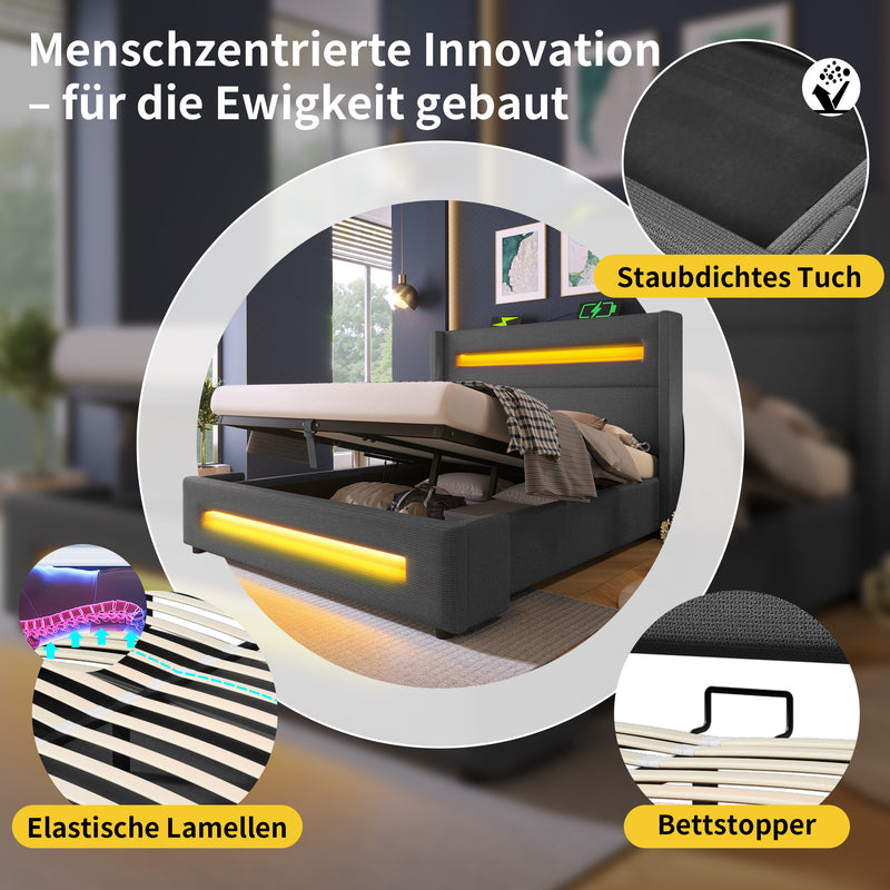 Lit offre queen tissu gris avec éclairage LED et deux prises 160*200cm (matelas non inclus) REDUCE