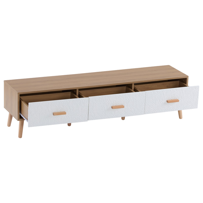 Meuble TV effet bois clair 3 tiroirs et porte blanc avec motif texturé 150x35x39cm ORKUDS