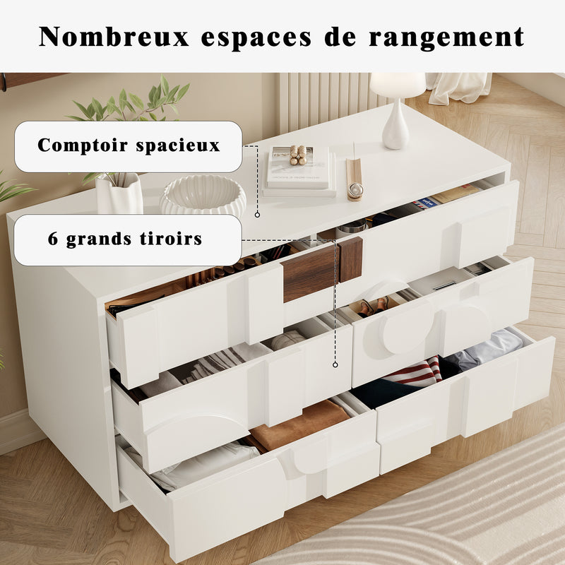 Buffet blanc effet bois façade géométrique en relief 6 tiroirs, porte push-to-pop UMPHU