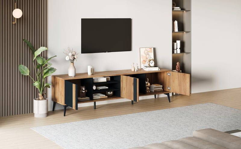 Meuble TV marron rustique effet bois et noir avec porte et compartiment ouvert ICAN